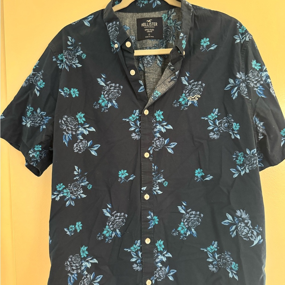 Hollister Men's Dark Shirt with Blue Floral Pattern